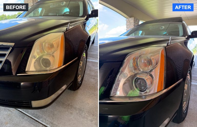 Before and after headlight restoration – 2011 CADILLAC HEARSE – Tri-State Headlight Restoration