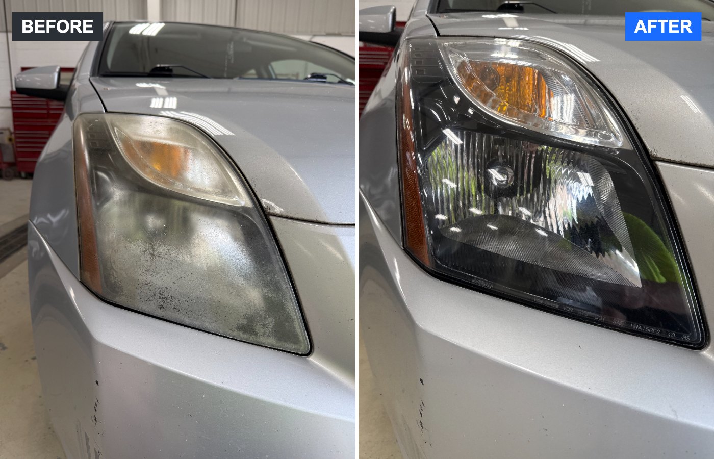 Before and after headlight restoration – 2011 NISSAN SENTRA – Tri-State Headlight Restoration