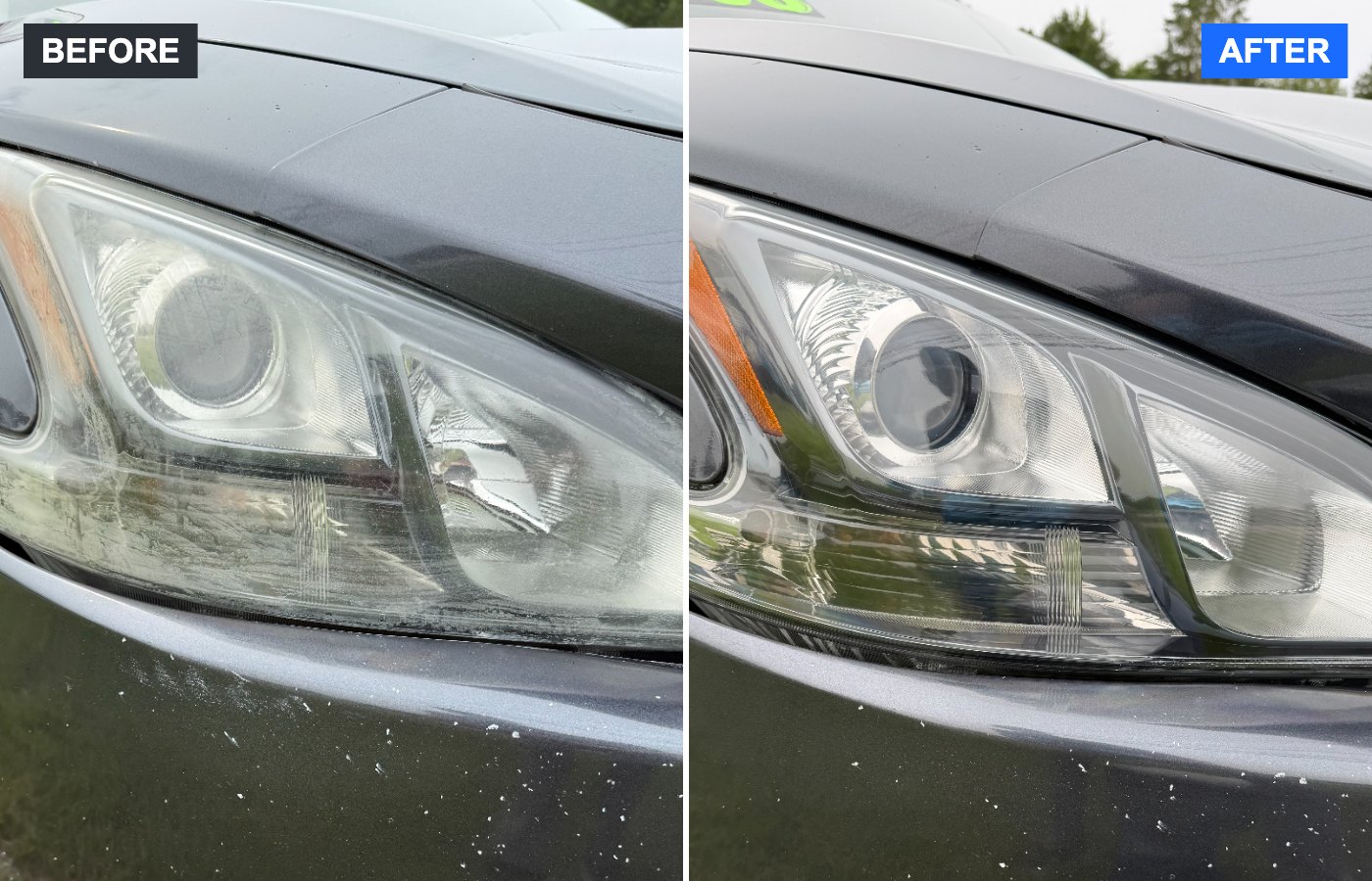 Before and after headlight restoration – 2012 NISSAN MAXIMA – Tri-State Headlight Restoration