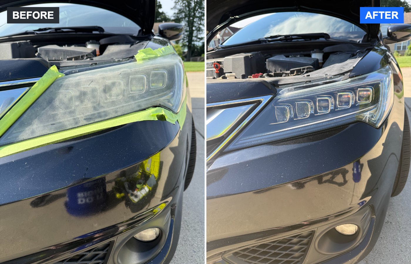 Before and after headlight restoration – 2016 ACURA ILX – Tri-State Headlight Restoration