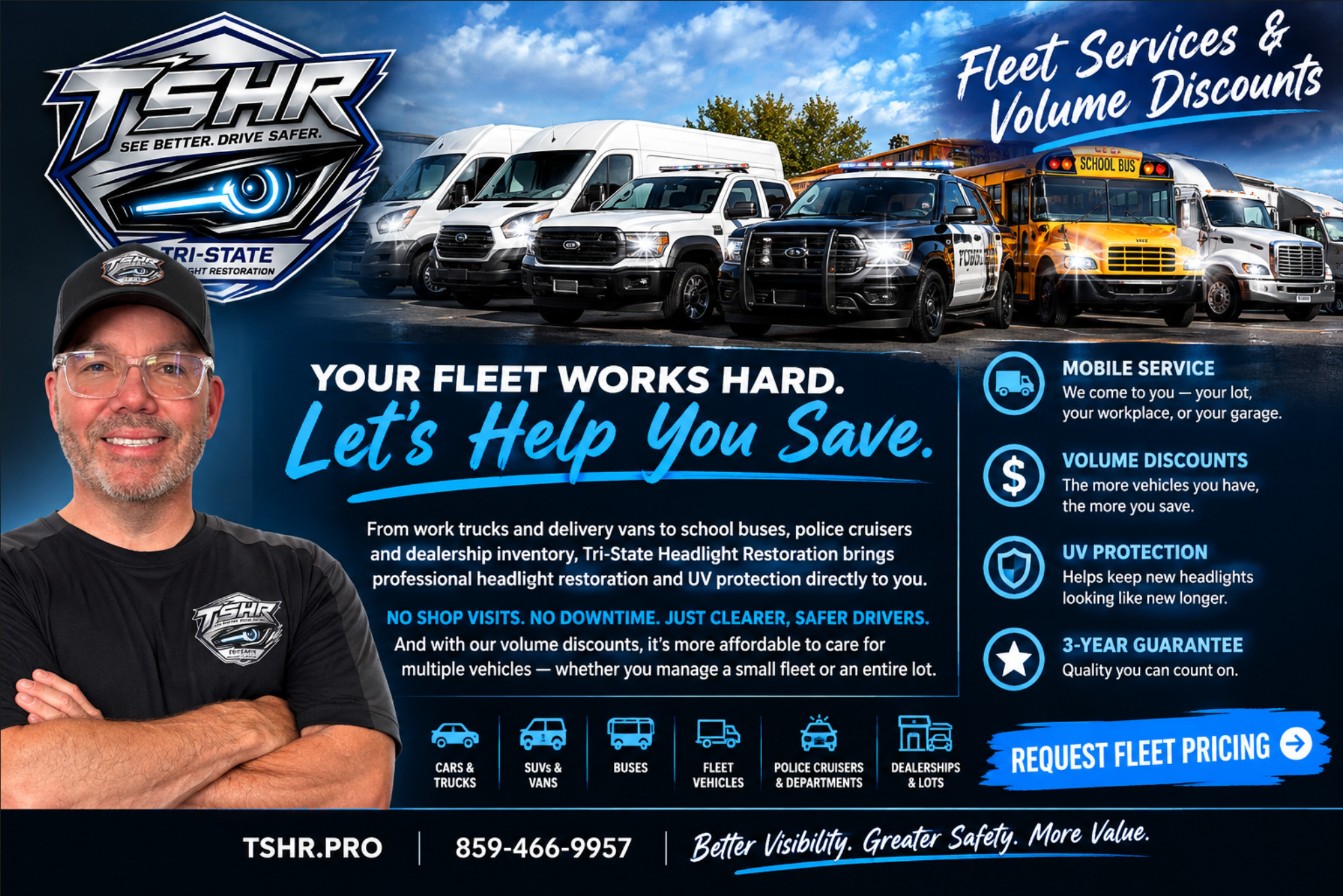 Bruce of Tri-State Headlight Restoration with a fleet of work vans, pickup trucks, a police cruiser, a school bus and a semi – fleet headlight restoration and volume discounts
