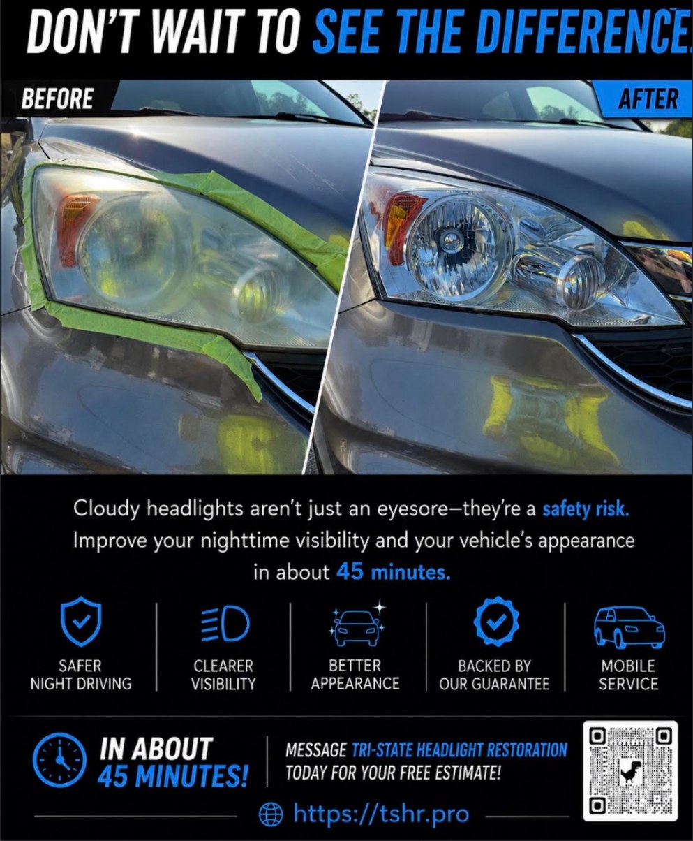 Before and after headlight restoration by Tri-State Headlight Restoration