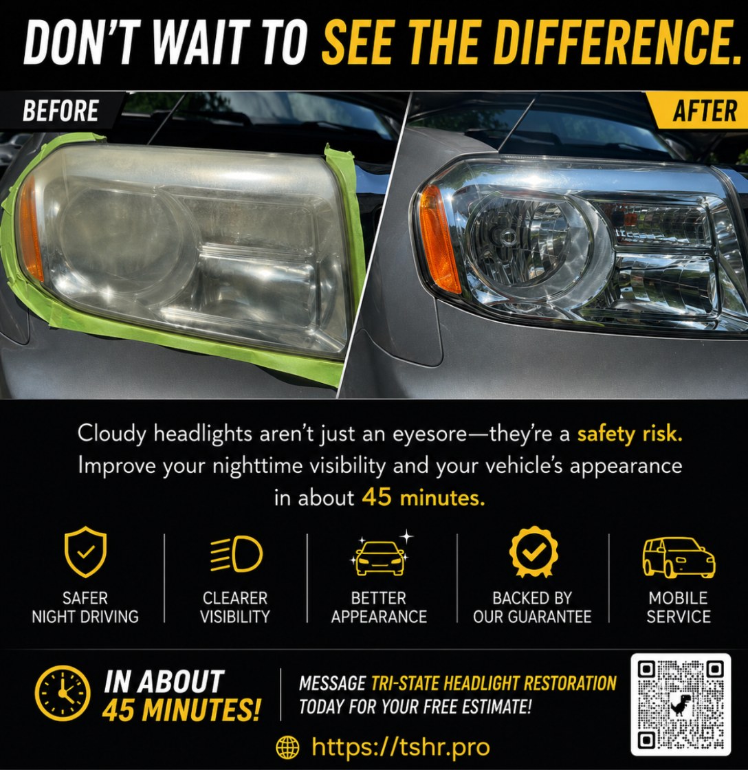 Before and after headlight restoration by Tri-State Headlight Restoration